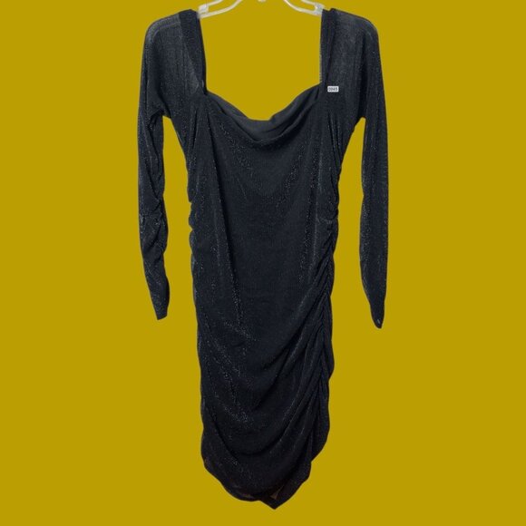 Moeencn Off-Shoulder Mesh Dress sparkly Square Collar Long Sleeve Ruched Xlarge - Picture 2 of 14